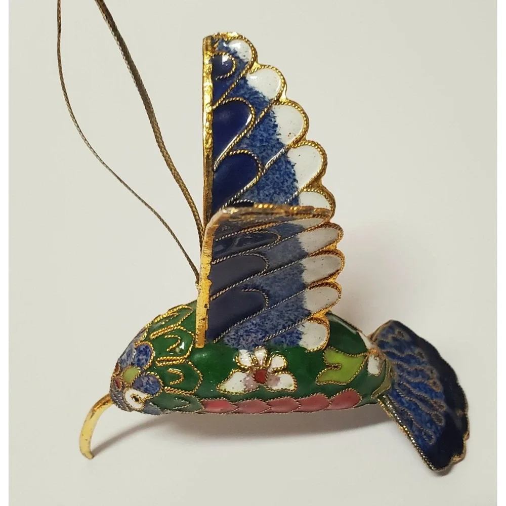 Enameled Cloisonne Christmas Ornament Hummingbird Gold Edge Feathers Multicolor - Picture 7 of 13